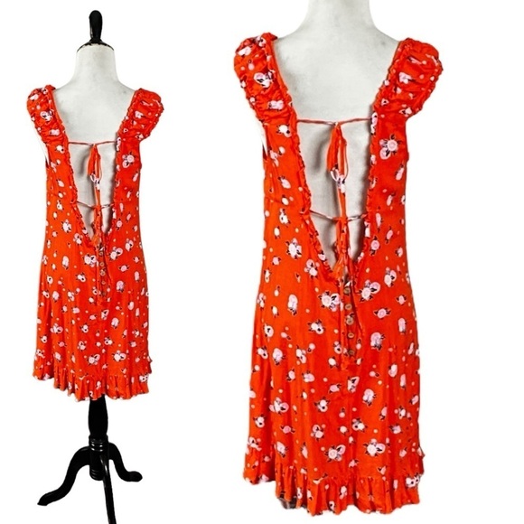 Free People Like A Lady Linen Mini Dress in Orange  Medium Fruit Ruffles Picnic - Picture 11 of 17